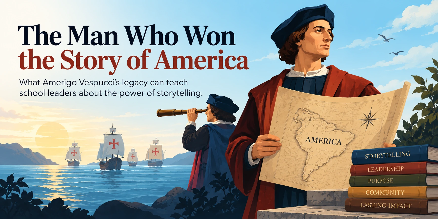 Amerigo Vespucci holding a map of America with Christopher Columbus exploring the sea, illustrating the power of storytelling and communication.